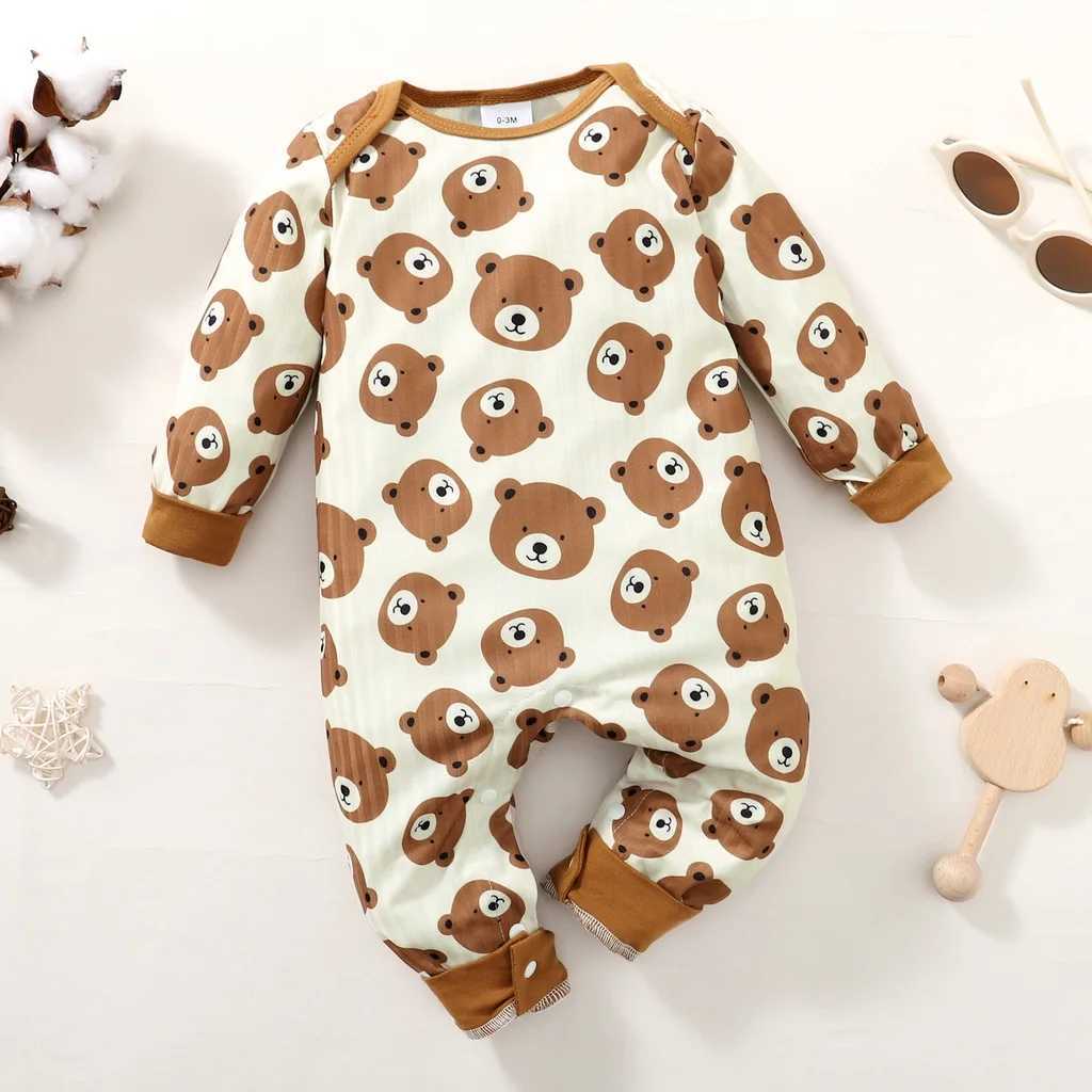 Baby mens long sleeved cute bear print tight fitting clothes for spring and autumn baby mens casual jumpsuit 0-18 months W240812