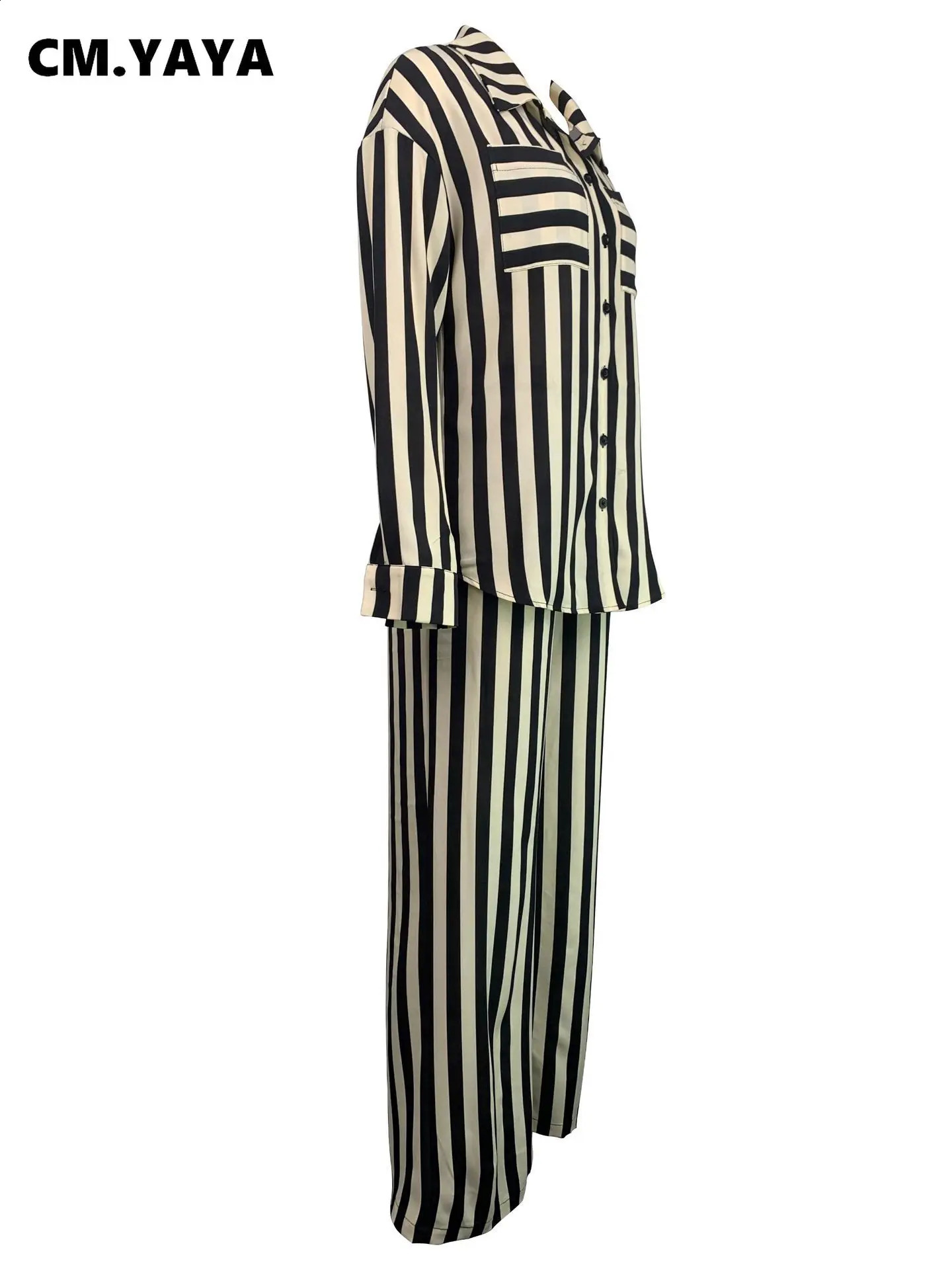 CM.YAYA Striped Womens Set Long Sleeve Pocket Shirt and Straight Wide Leg Pants Fashion Two 2 Piece Sets Outfit Tracksuit 240813