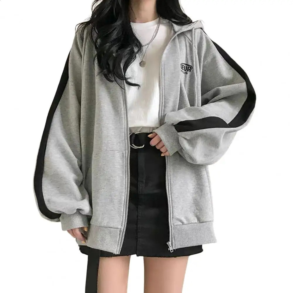 Women Solid Color Zipper Hoodies Harajuku Drawstring Long Sleeve Hooded Sweatshirts Korean Casual Pocket Jacket Streetwear 240812
