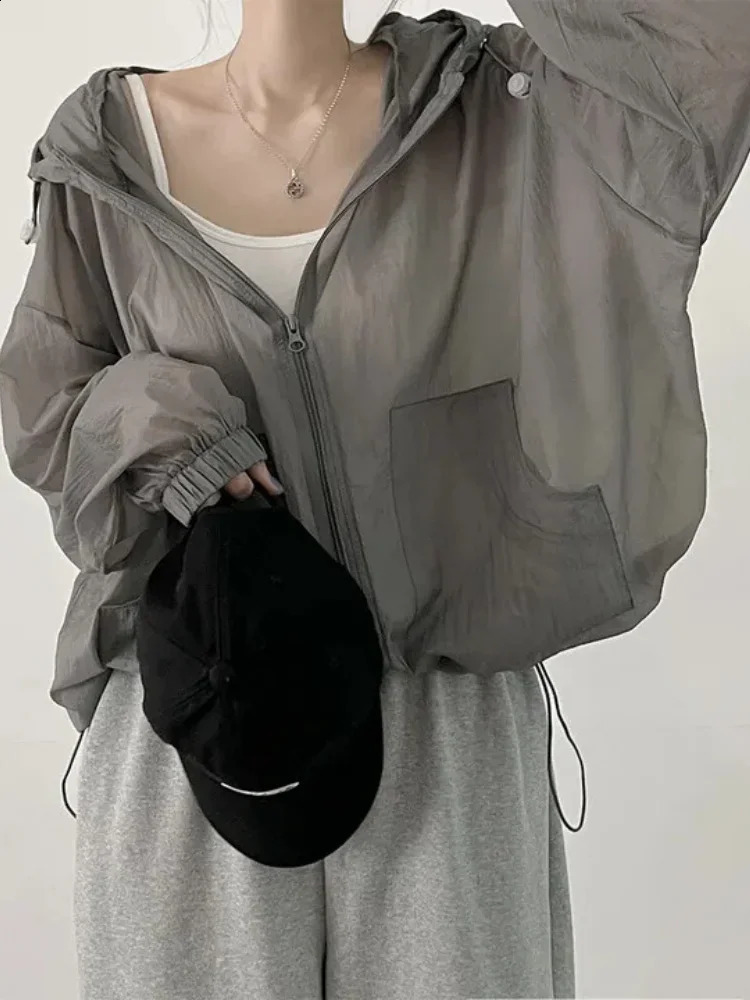 in Zip Up Hoodie Autumn Loose Casual Short Cardigan Korean Chic Solid Sweatshirts Zippers Long Sleeve Sunscreen Hoodies 240812