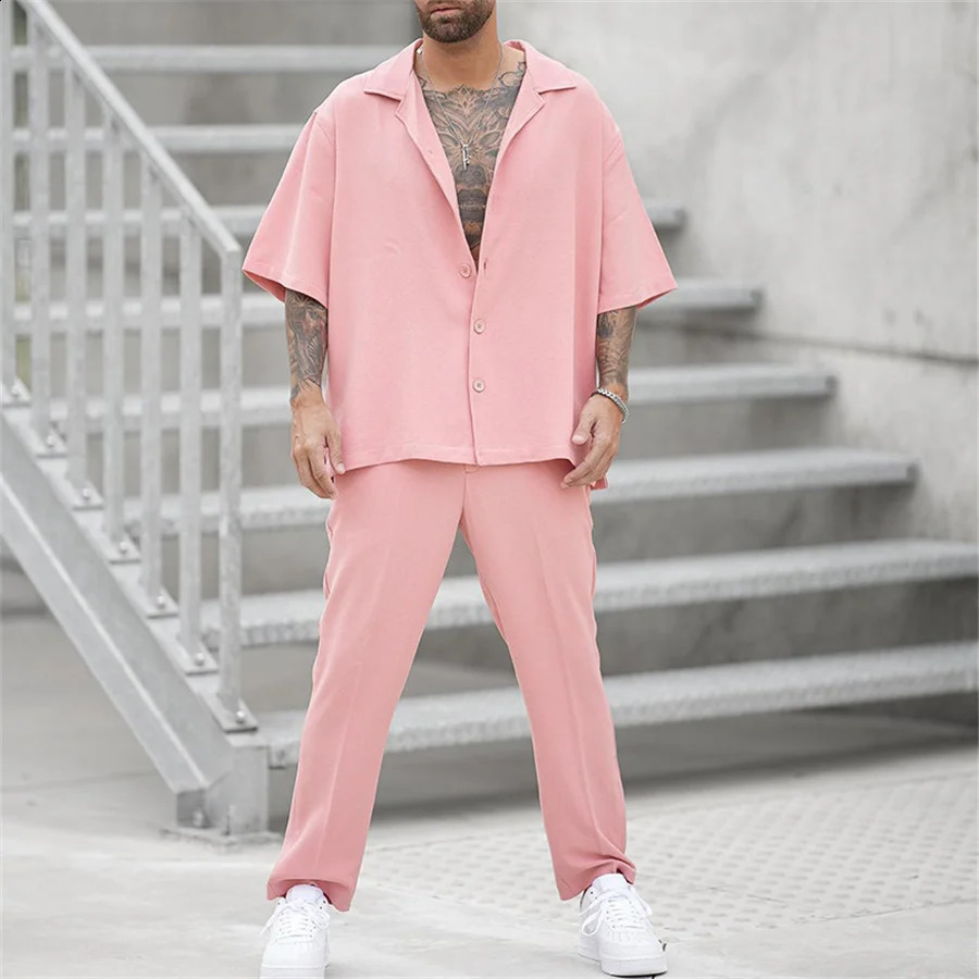 Summer mens 2piece casual short sleeved collared button up shirt and pants set top Trouser Streetwear 240812