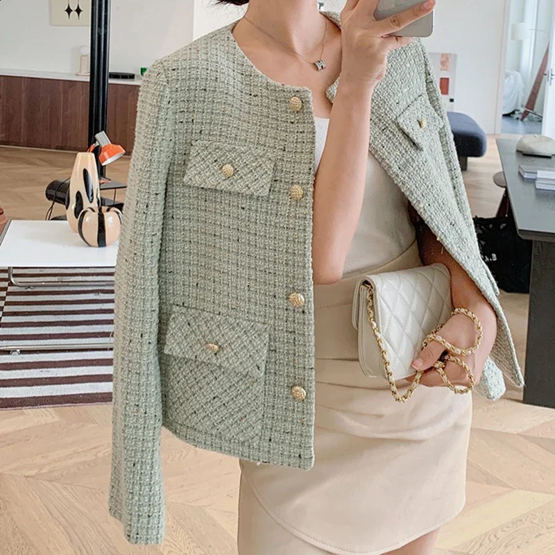 EVNISI Women Autumn Winter Tweed Single Breasted Elegant Cardigan Coat Long Sleeve Plaid Pockets Office Jacket Warm Outerwear 240812
