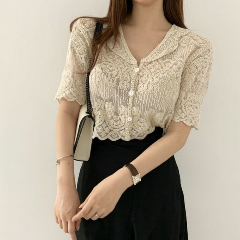Korean embroiderycrochet flower bloom, lace top women s summer hollowed out small lapel short sleeved shirt trend