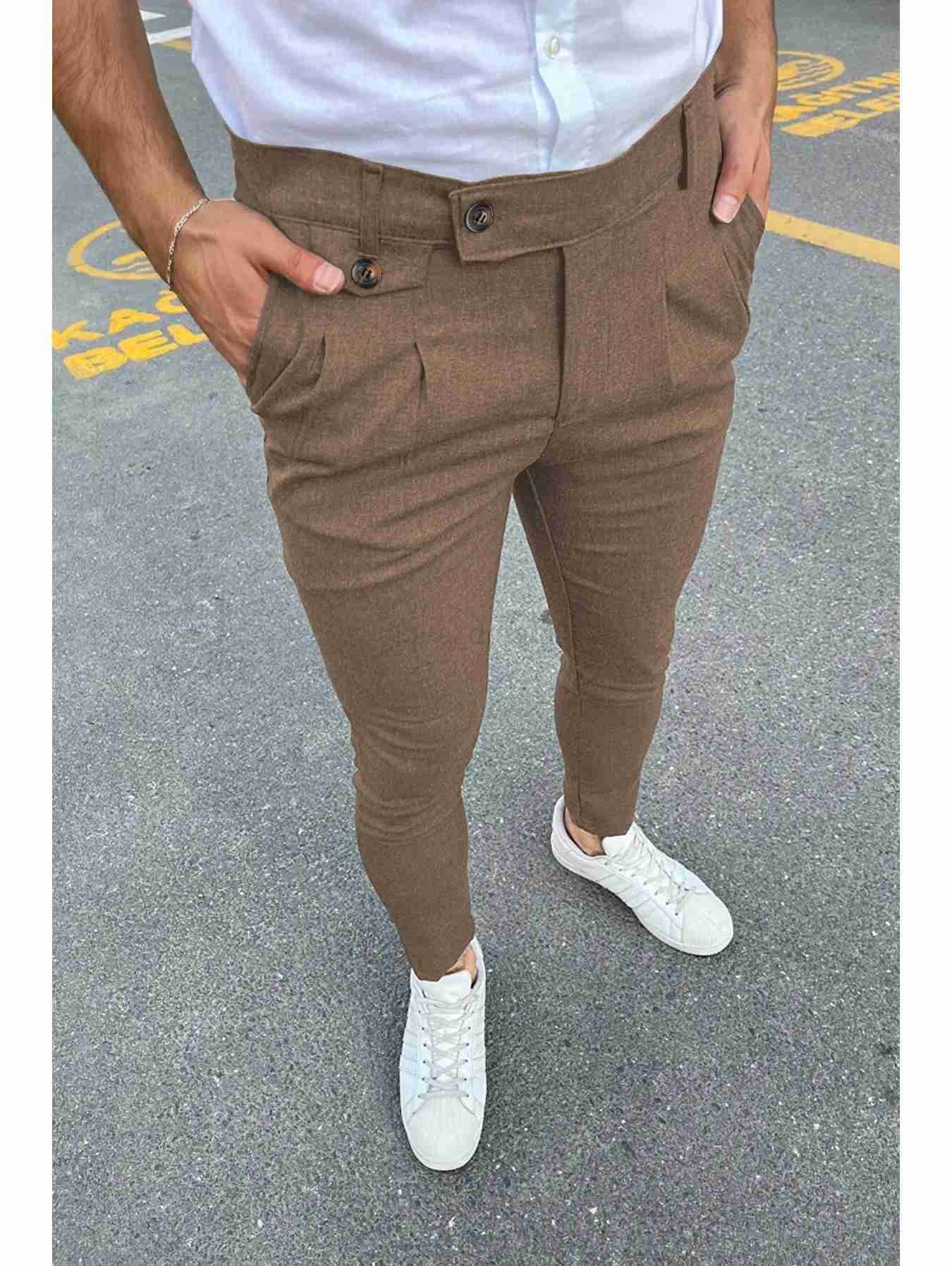 New Mens Business Casual Skinny Stretch Slim Fit Pencil Pants Trousers Fashion Zipper Mid Waist Solid Jogging Khaki Track PantsXJ240813