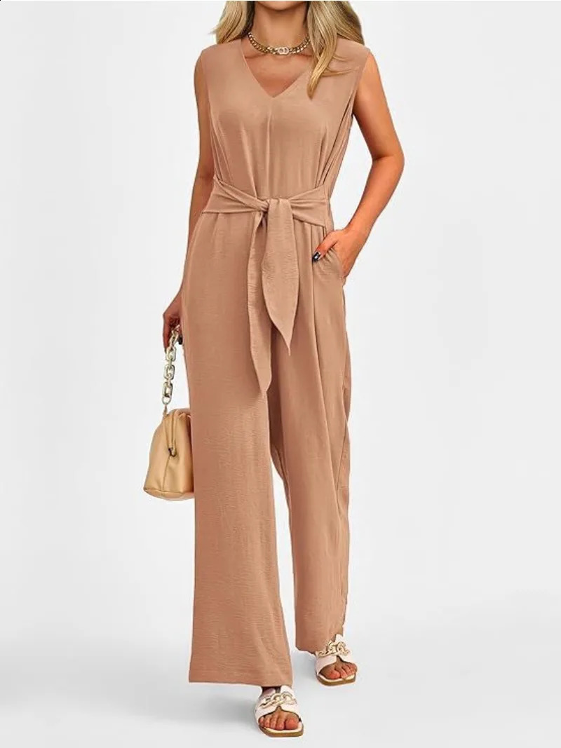 Womens Fashionable and Elegant Style Solid Color Womens Clothing Elegant V-neck Wide Leg Jumpsuit Sleeveless Jumpsuit 240813