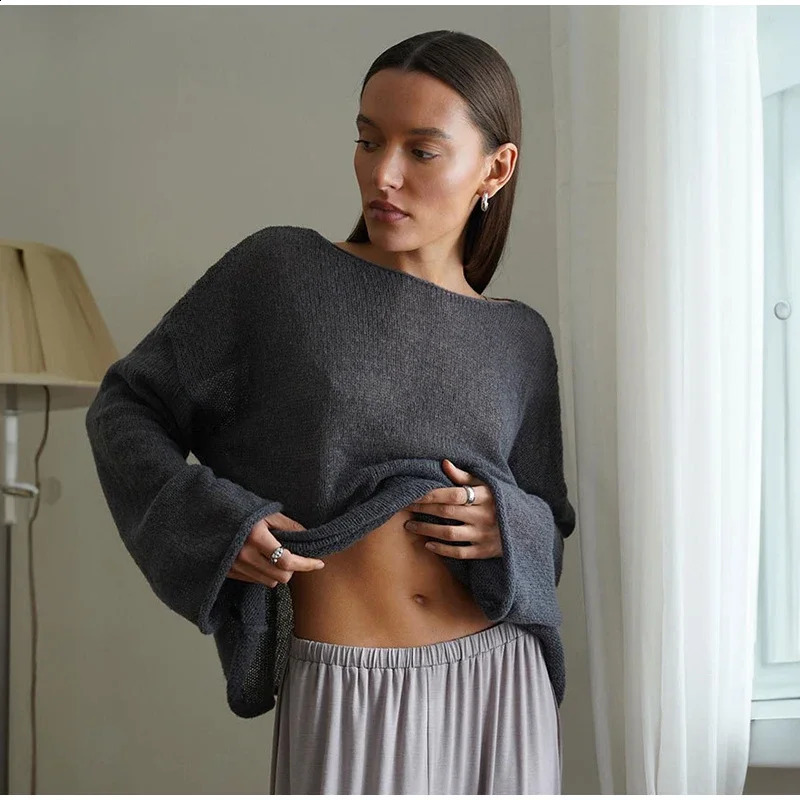 Elegant Knitted Hollow Floral Womens Loose Oneck Long Sleeve See Through Jumper Summer Y2k Fashion Beach Sweater 240812