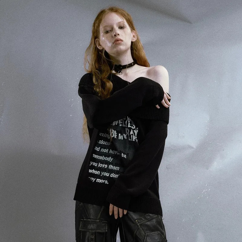 Karrcat Grunge Aesthetics Off Shoulder Pullover Vintage Gothic Graffiti Print Sweater Punk Slash Neck Knitwear American Retro 240812