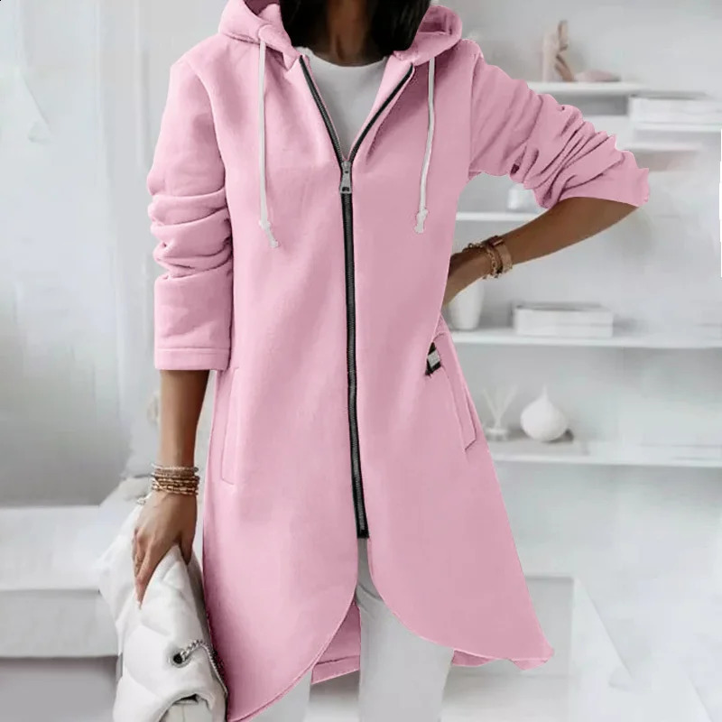 Solid Color Curved Hem Zipper Cardigan Hooded Sweatshirt Women Double Pockets Hoodie Autumn Winter Thickened Outerwear 240812