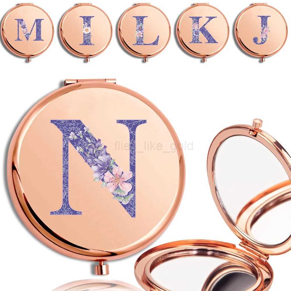 Womens cosmetics metal round mirror double-sided handheld facial care makeup folding pocket appearance glass purple letter pattern W240813