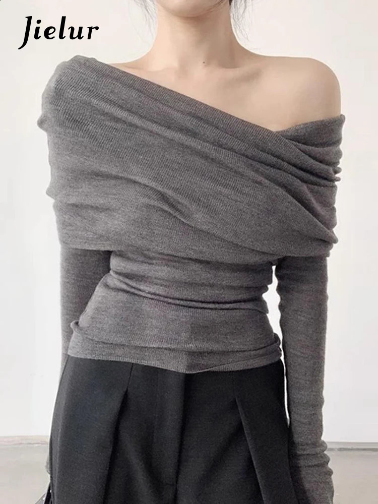 Jielur Autumn Solid Color Slim Women Pullovers Casual Loose Sexy Sweet Pullovers Woman Dark Grey White Black Pink Knitted Top 240813