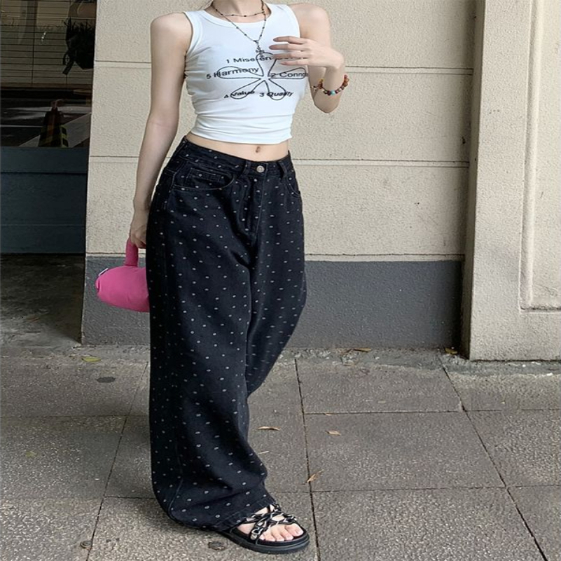 Black Polka Dot Straight Jeans Women High-waisted Loose Wide Leg Pants Autumn Winter Fashion Korean Y2k Streetwear Long Trousers 240812