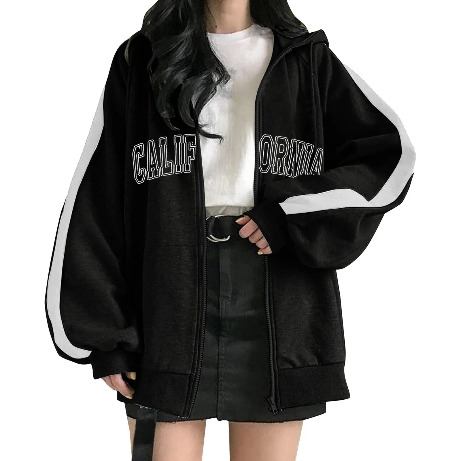 Women Hoodies Harajuku Hooded Oversized Hoodie Long Sleeve Sweatshirt Loose Letter California Print Zip-Up Tops Jacket Coats L2 240812