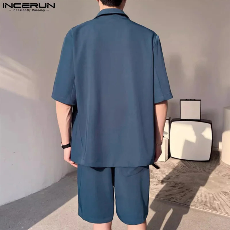 2024 Men Sets Solid Color Lapel Short Sleeve Blazer Shorts Two Pieces Sets Streetwear Mens Casual Suits S-5XL INCERUN Summer 240813