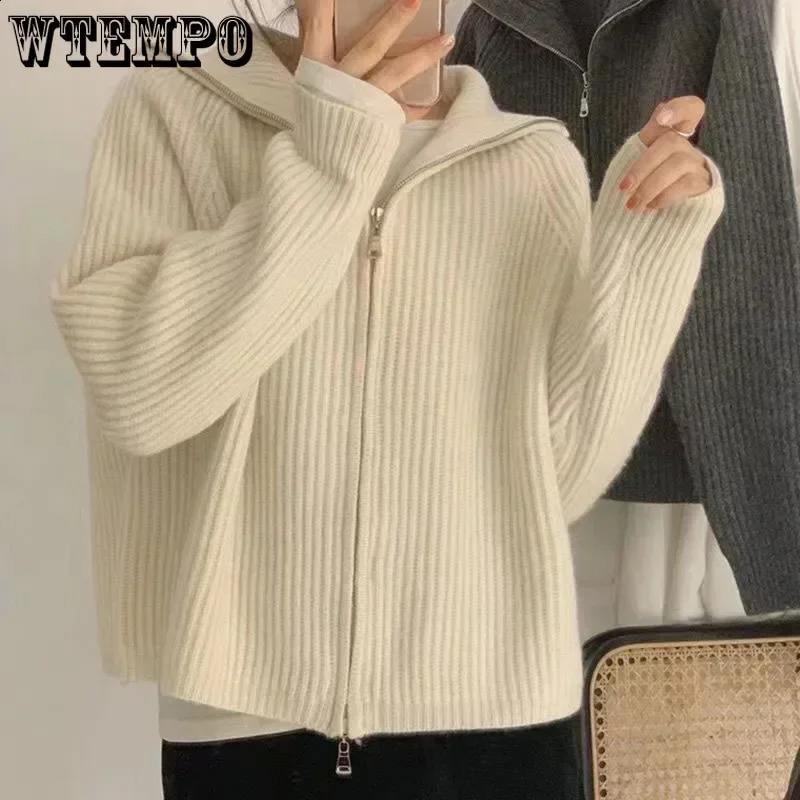 Dark Grey Knit Cardigan Double End Zipper Short Top Turndown Collar Coat Women Slim Warm Korean Fashion American Spring Fall 240820