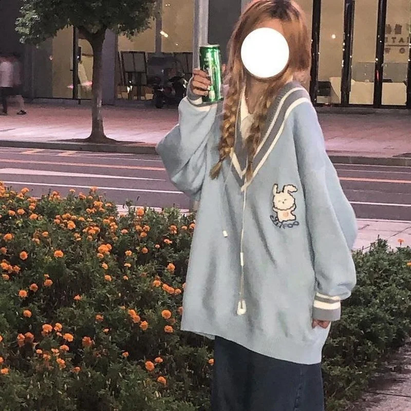 Deeptown Kawaii Cute Rabbit Blue Sweater Women Preppy Fashion Oversize Japanese Style Sweet School Girly Jumper Female Korean 240812