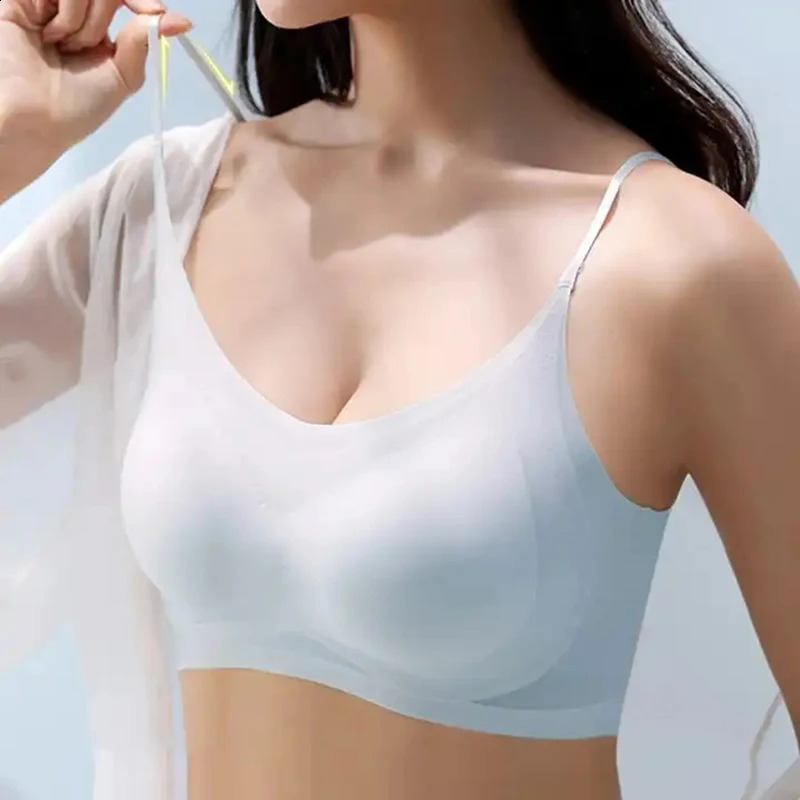 Ultra-thin Ice Silk Padded Bra Seamless Underwear Womens Thin Section Sling Beautiful Back Vest Tops Big Chest Small Sleep Bra 240812