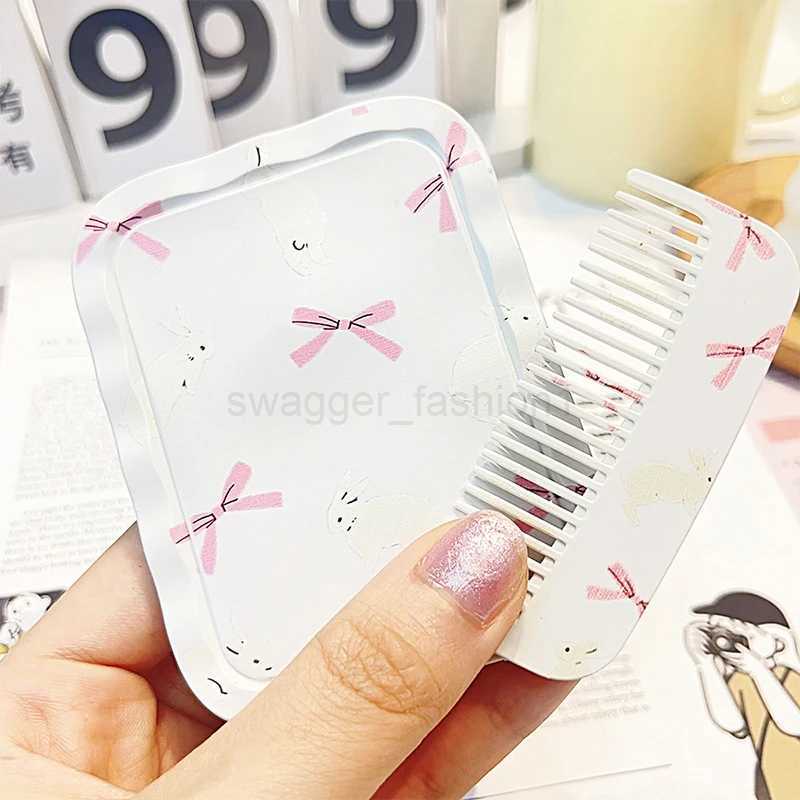 White Rabbit Bow Flip-Top Folding Makeup Mirror Portable Pocket Mirror Women Rectangle Cosmetic Make Up Mirror With CombXJ240813
