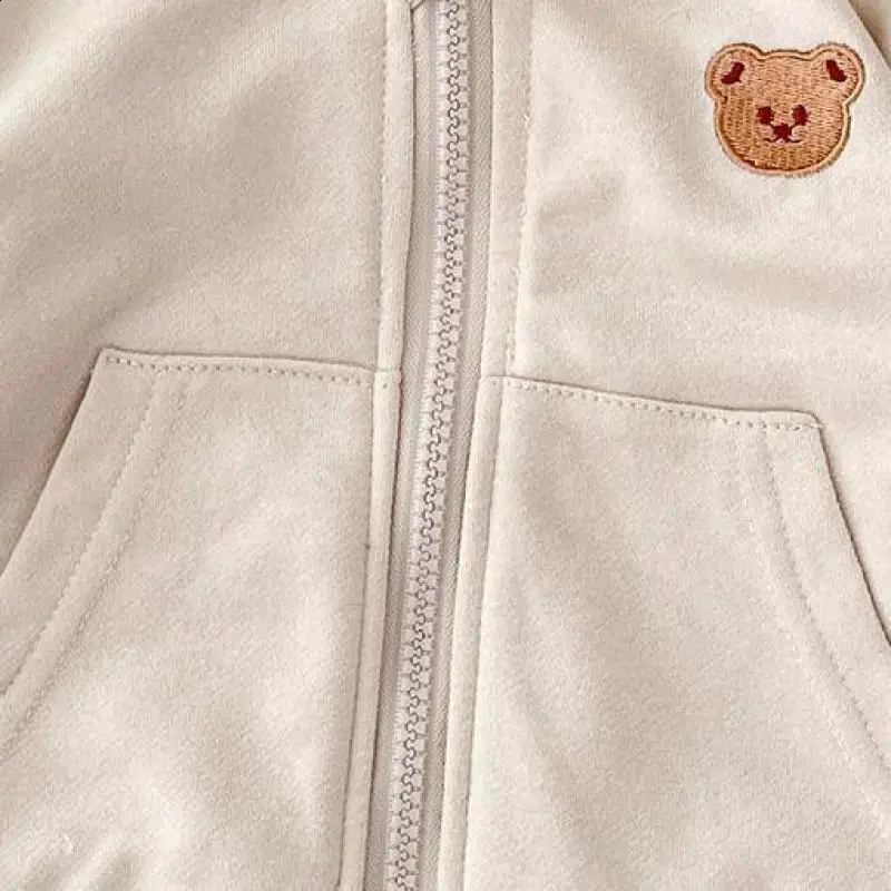 Girl Cute Bear Cardigan Simple Soft Zipper Hoodies 0-3y Infant Baby Solid Comfortable Coat Toddler Boy Pocket Coats 240806