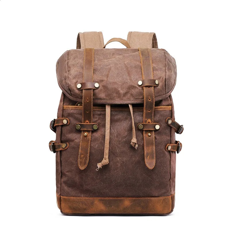 wax canvas bag with genuine leather travel outdoor backpack horsehide mens 240813