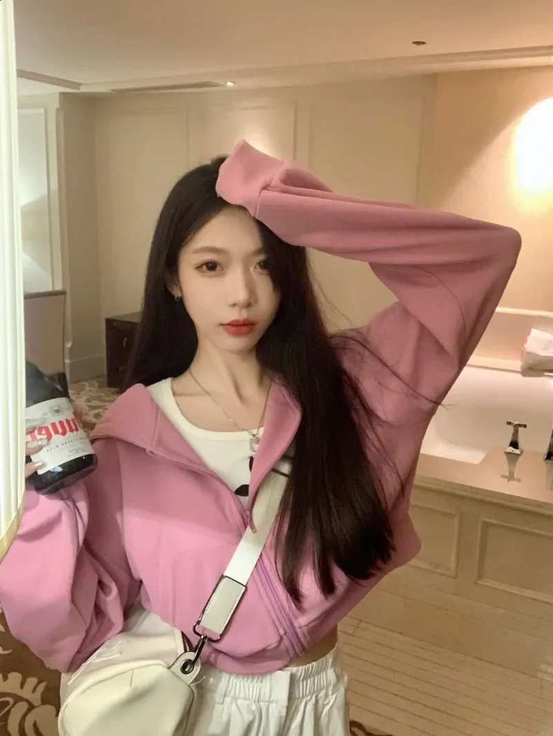Hooded Sweatshirts Coats Women High Waist Crop Tops Solid Sudaderas Hip Hop Y2k Long Sleeve Korean Casual Zipper Pink Loose 240812
