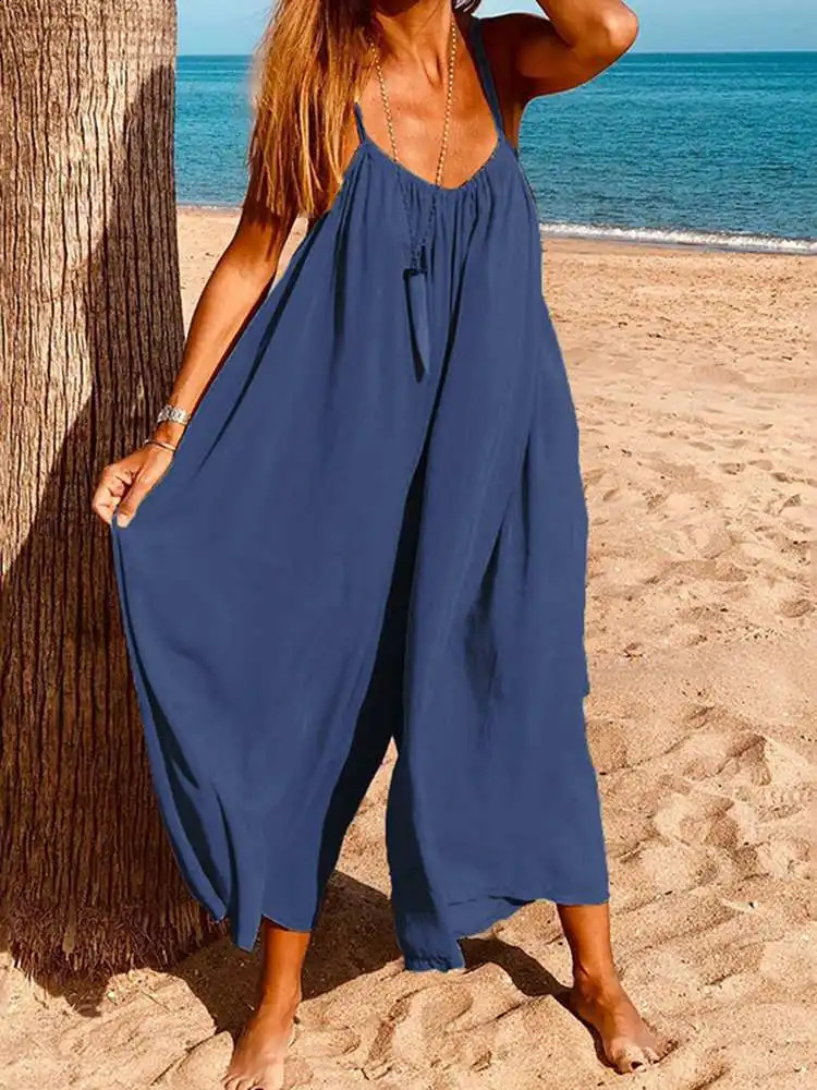 VONDA 2024 Women Summer Sleeveless Jumpsuits Sexy Solid V Neck Long Overalls Loose Playsuits Wide Leg Pants Oversized 240813