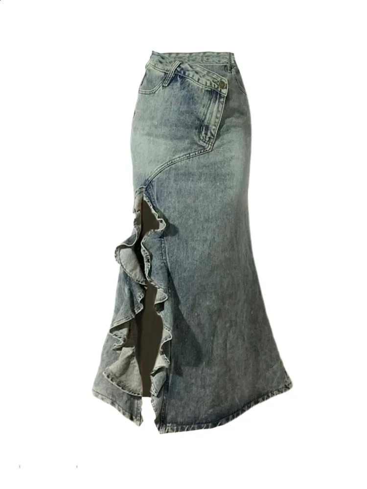 Womens Mermaid Skirt Clothes Blue Skirt Harajuku Korean Casual Chic Fashion Vintage A-Line Denim Skirt Split Hem Coquette 240812