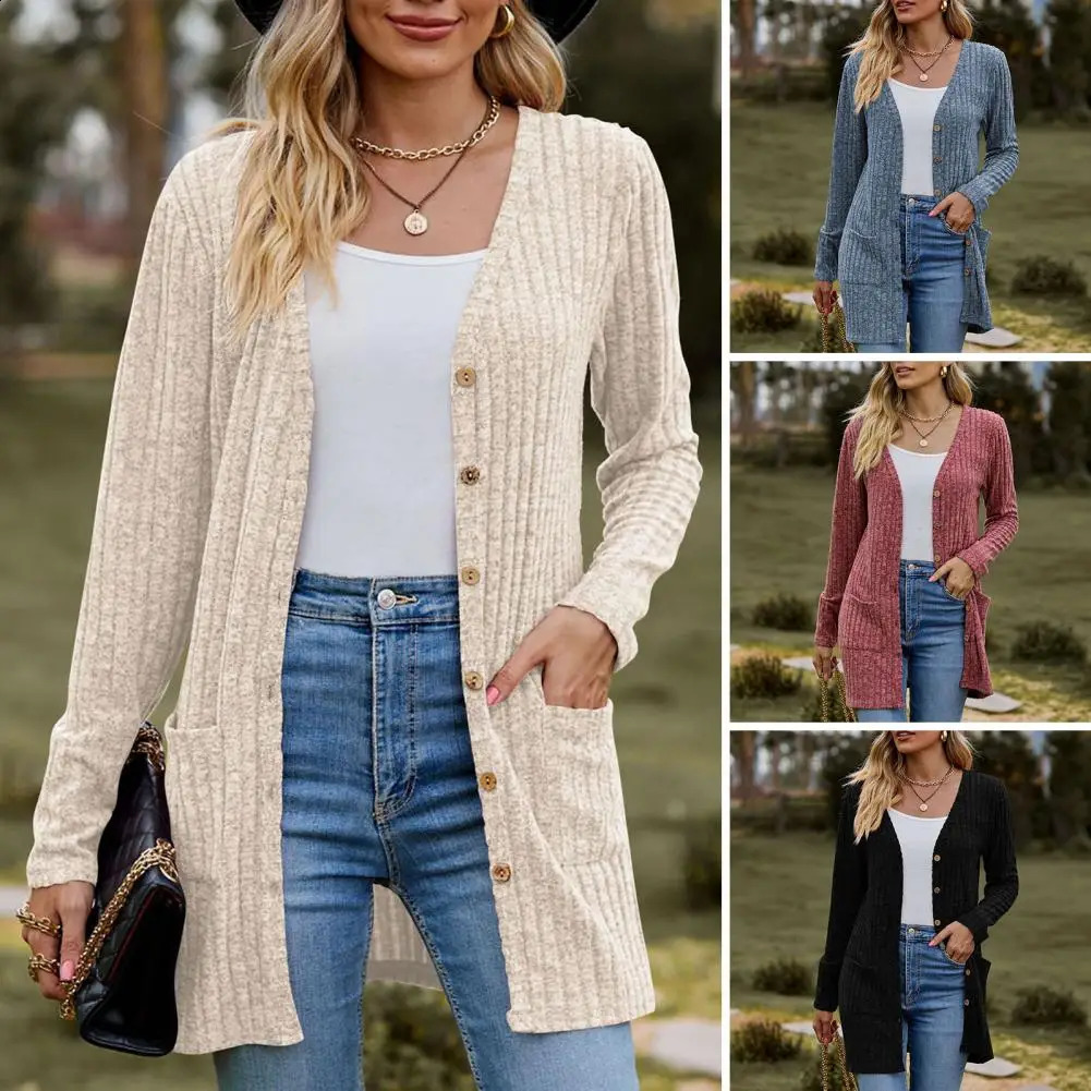 Women Cardigan Knitted Single-breasted Long Sleeve Fall Coat Solid Color Elastic Pockets Mid Length Knitwaer Womens Clothing 240813