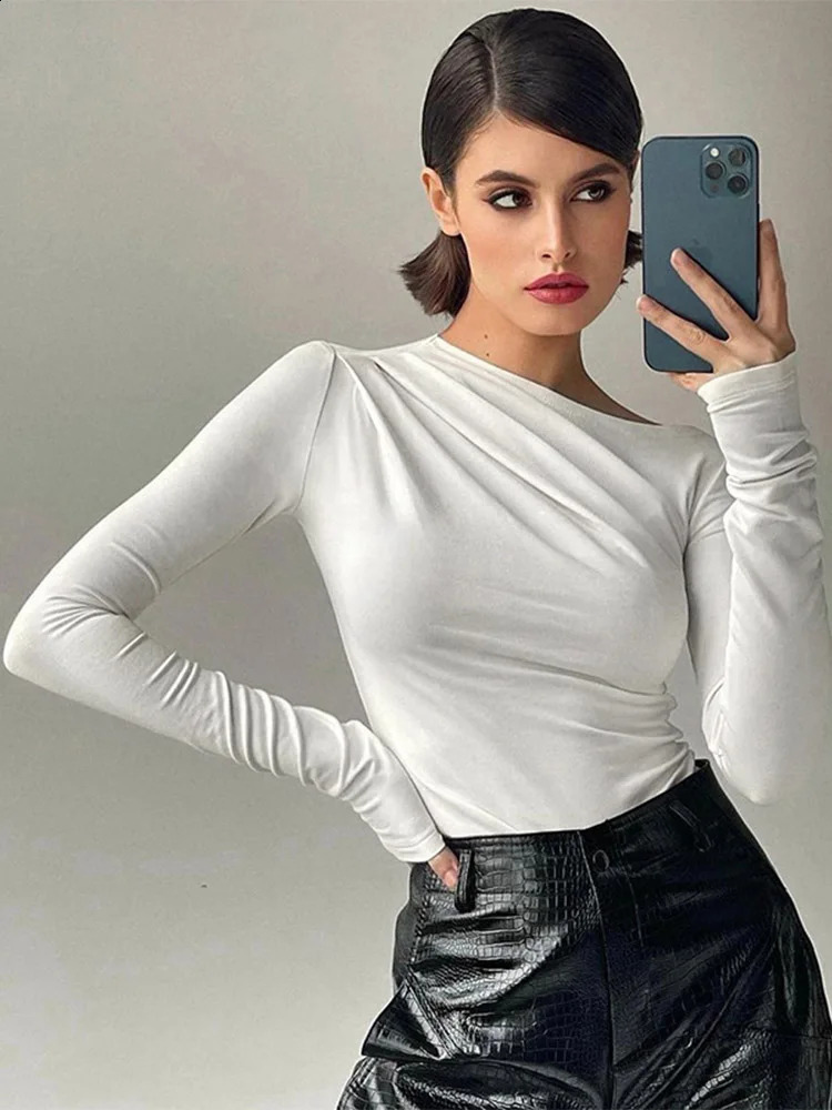 Long sleeved top white womens basic crop autumn polover solid color round neck Tshirt street clothing black Y2K 240812