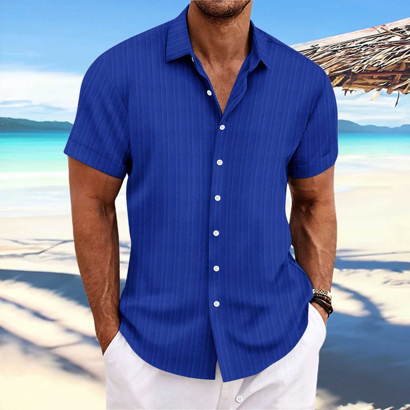 2024 Mens striped jacquard lapel casual fashion comfortable loose short sleeve Hawaiian multicolor shirtXJ250121