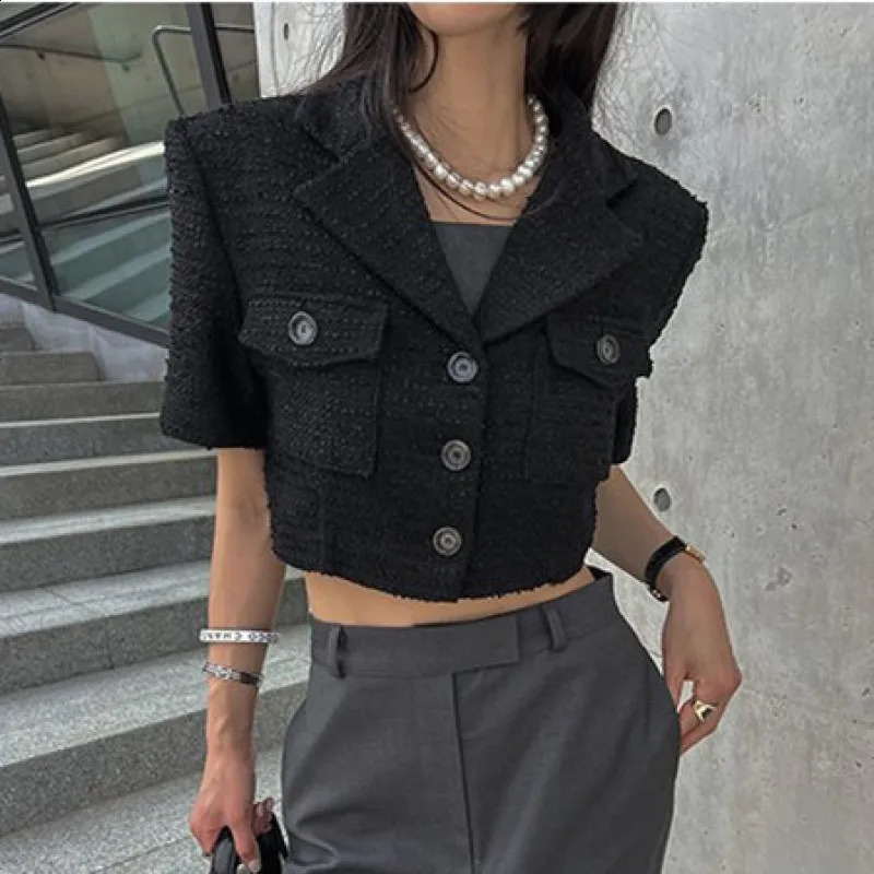 Womens Spring Summer Vintage Short Tweed Blazer Jacket Coat Elegant Crop Top Single Breasted Outerwears Korea Style 240812