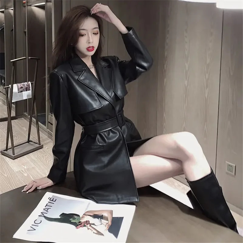 Women Faux Leather Jacket Womens Belt Trench Coat Autumn Leather Coat Dress Veste Femme 240813