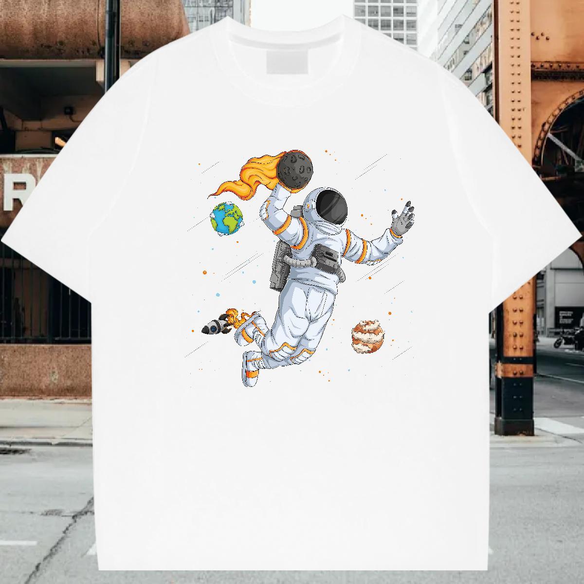 T-Shirts 230g Pure Cotton cosmonaut Casual Beach Breathable Crew Neck Oversized 4XL Men Tops Tees 2024 Summer Wholesale Polos