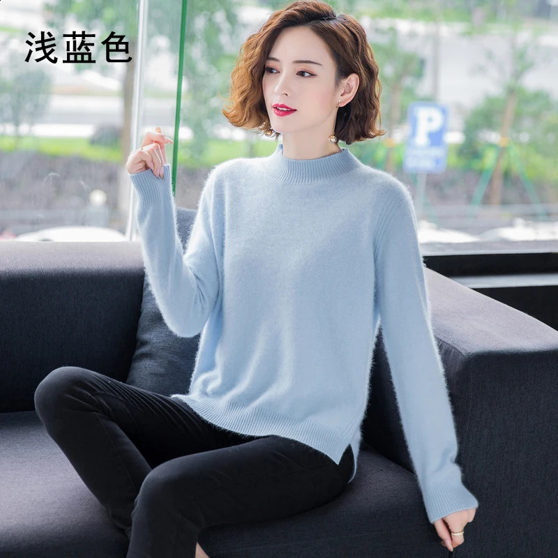 Winter 100%Mink Cashmere Women Half High Neck Fashion Knit Thick Solid Color Sweater Long Sleeve Large Size Base Warm Top 240813