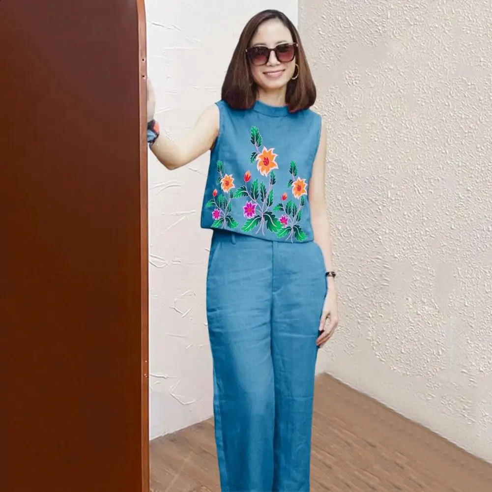 Summer Cotton Womens Set Sleeveless O-Neck Tank Top Wide Leg Pants Two Piece Sets Women Outifits Oversize Clothes Outfits 240813