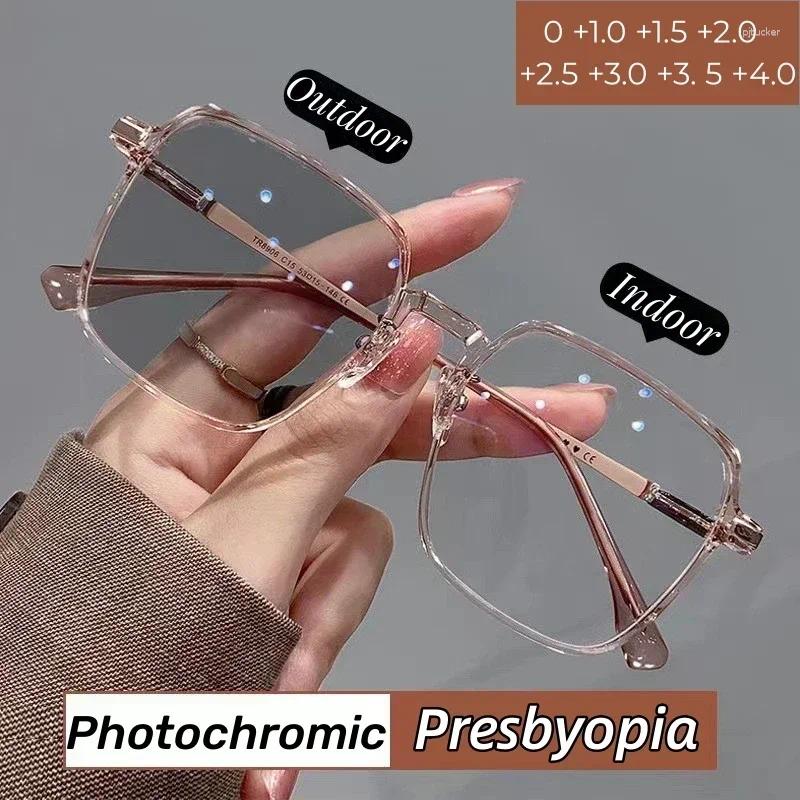 Sunglasses Style Pochromic Reading Glasses For Women Fashion Presbyopia Eyeglasses Oversize Frame Color Changing To 4.0