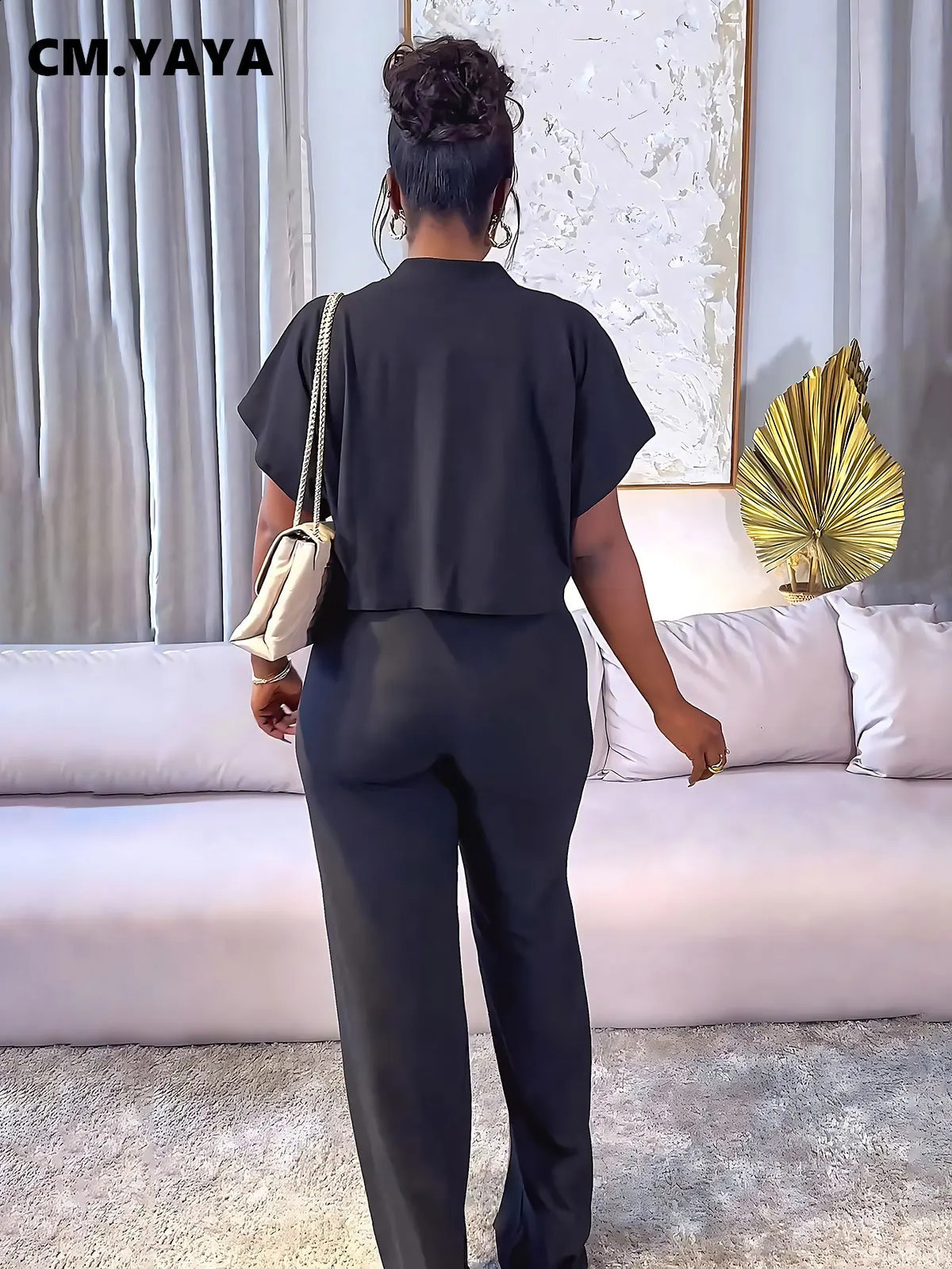 CM.YAYA Street Fashion Womens Set Short Sleeve Shirt and Wide Leg Pants Two 2 Piece Set Outfit Tracksuit 240813