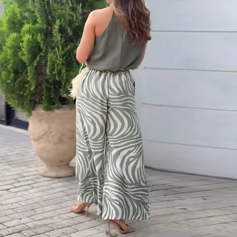 Wefads Women Two Piece Set Summer Casual Solid Halter Neck Sleeveless Irregular Top Printed Loose With Pockets Panst Sets 240813