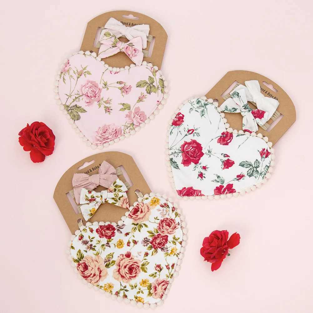 Bibs Burp Cloths 3Pcs/Set Valentines Day Baby Heart Bibs Feeding Bow Headbands Double Side Flower Saliva Towel Kids Photography Props BandanasL4812