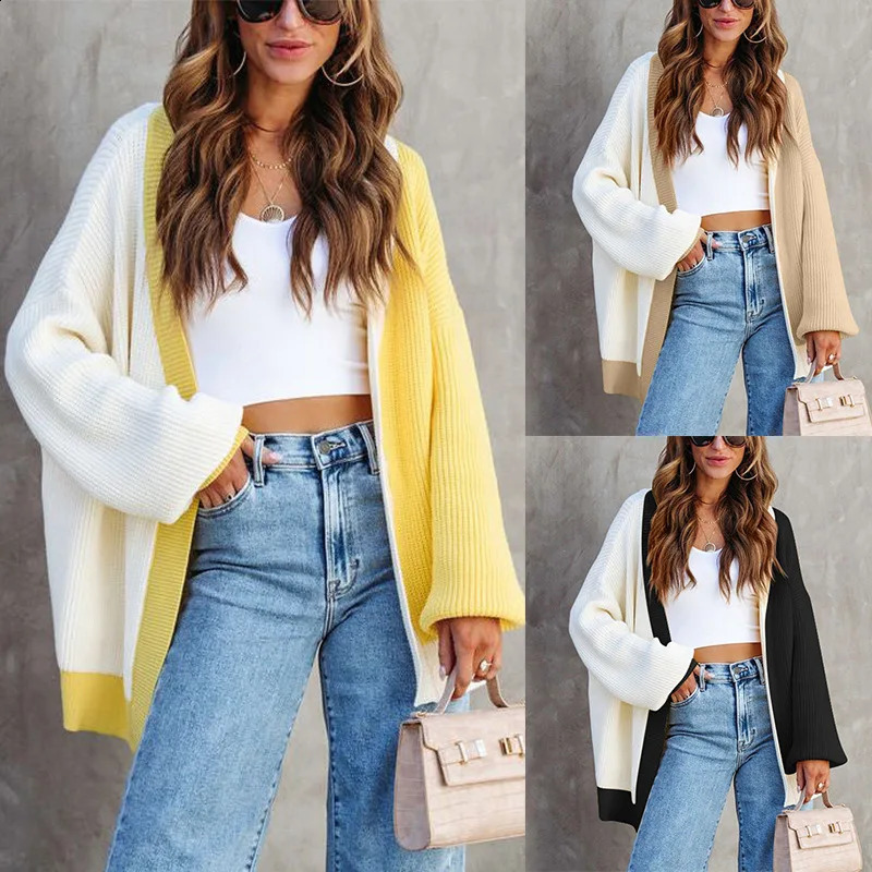AutumnWinter Womens Sweater Open Knitted Color Blocked Loose Shawl Medium Length Jacket Casual 240812