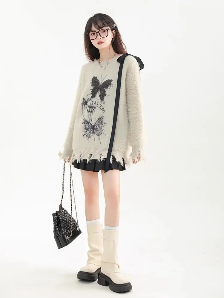 QWEEK Gothic Grunge Goth Butterfly Knit Knitted Sweater Women Y2k Coquette Harajuku American Retro Long Sleeve Pullovers Top 240812
