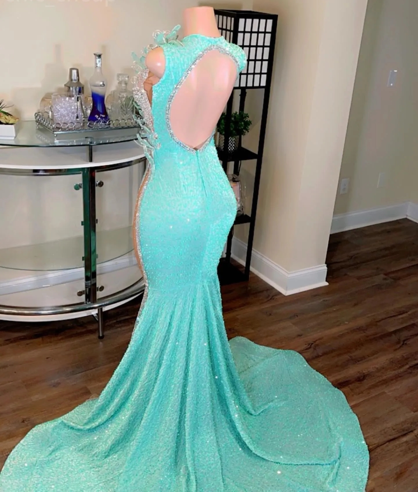 Turquoise Aso Ebi Mermaid Sheer Slit Sequins Beaded Arabic Prom Formal Party Second Reception Birthday Engagement Evening Gowns Dresses Robe De Soiree