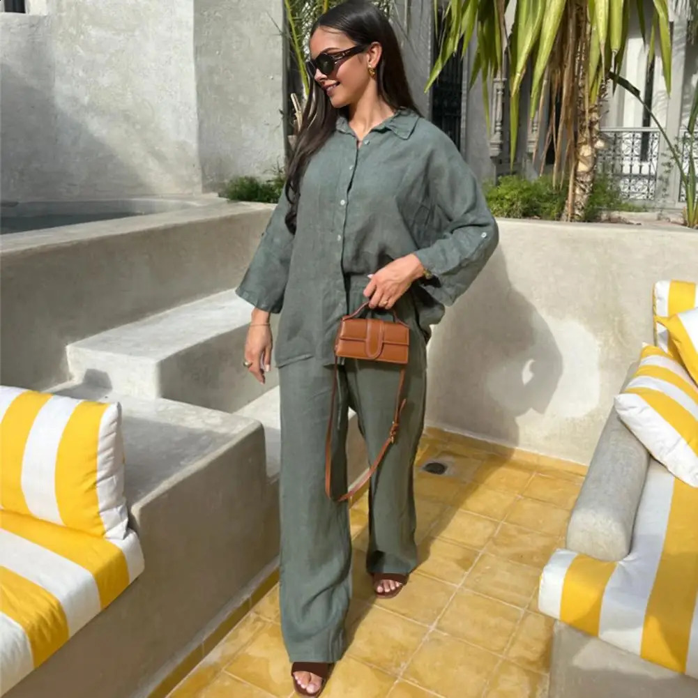 Soft cotton linen shirt and pants set solid color long sleeved lapel twopiece loose womens sportswear 240809