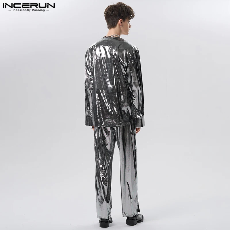 Men Sets Shiny Streetwear V Neck Long Sleeve T Shirt Pants Two Pieces Sets Loose Party Fashion Mens Suits S-5XL INCERUN 240813