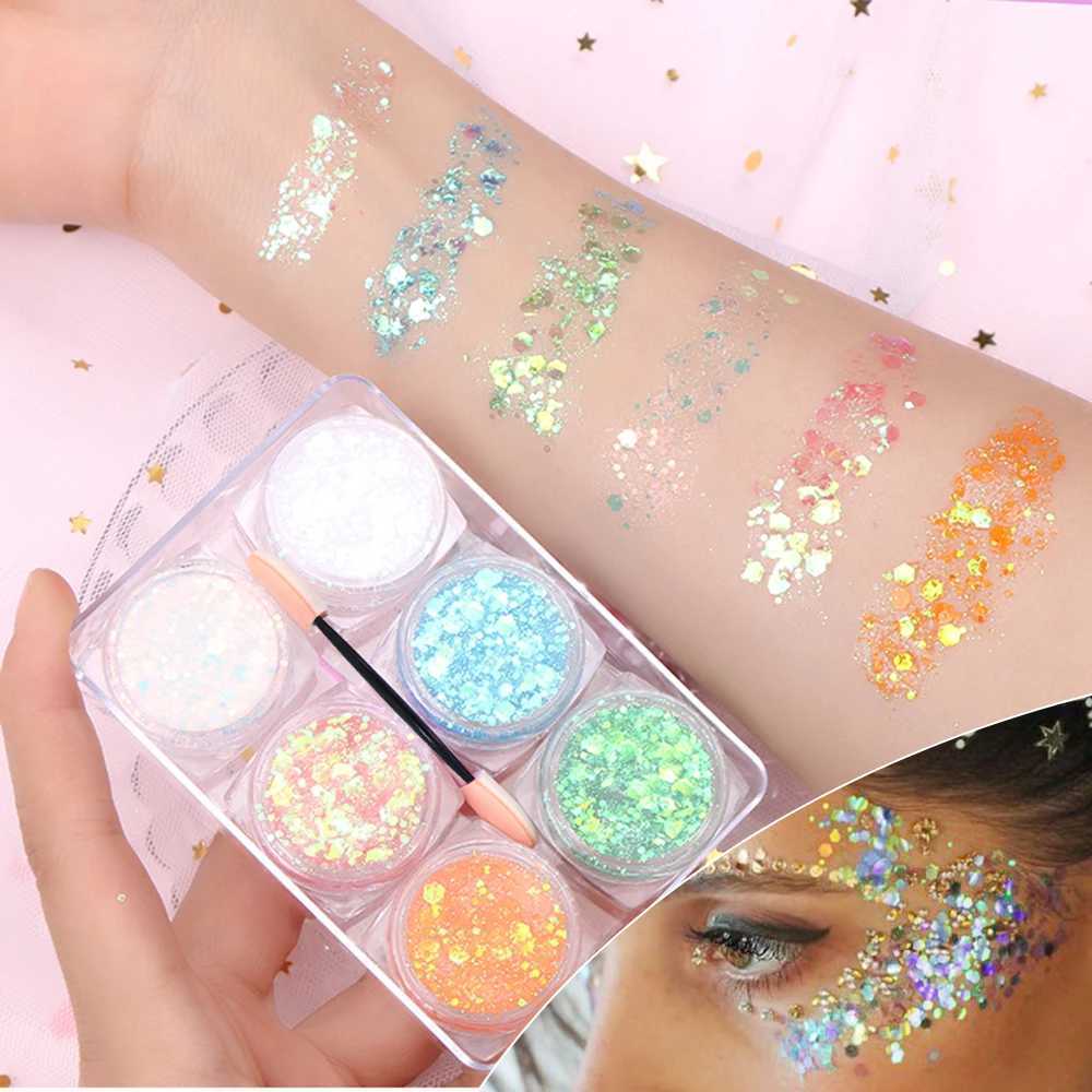 6 cans of glitter cream gel eye shadow glitter sequins star/heart/butterfly hexagonal palette sequins DIY body face glitter sequins W240812