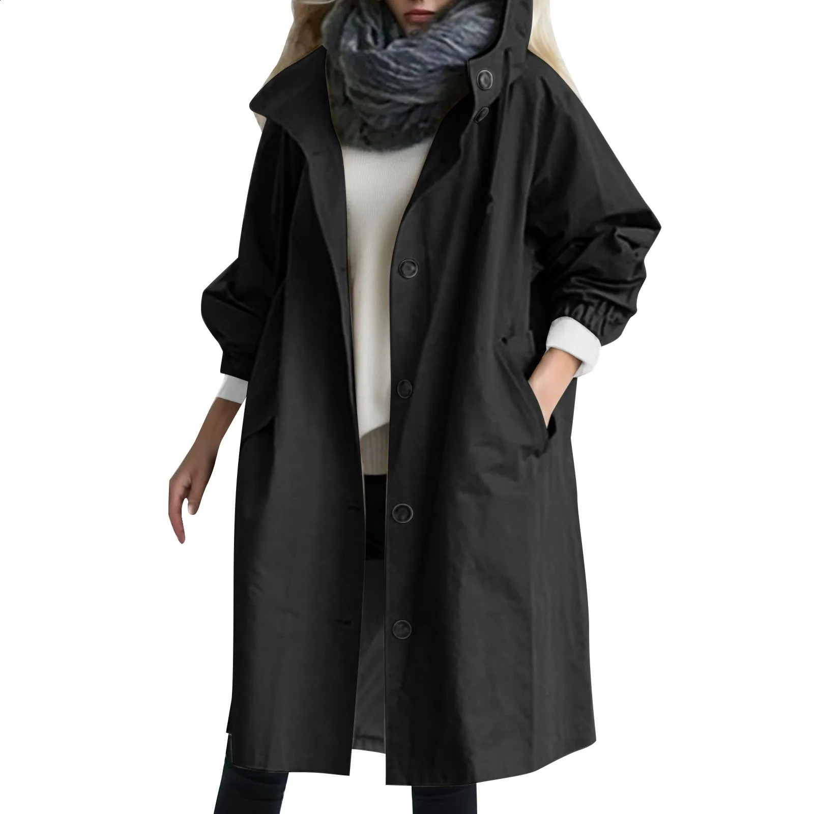 Women Fashion Trench Coat Spring Autumn Casual Hooded Medium Long Overcoat Loose Windproof Coat Korean Trendy Large Size 240813
