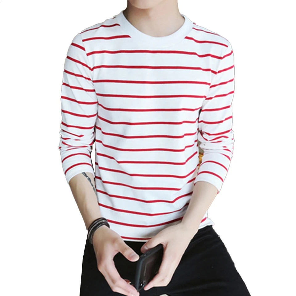 Trendy Mens Crew Neck T Shirt Stripe Long Sleeve Tops Blouse for Sports and Everyday Wear White/Black/Red/Gray 240812
