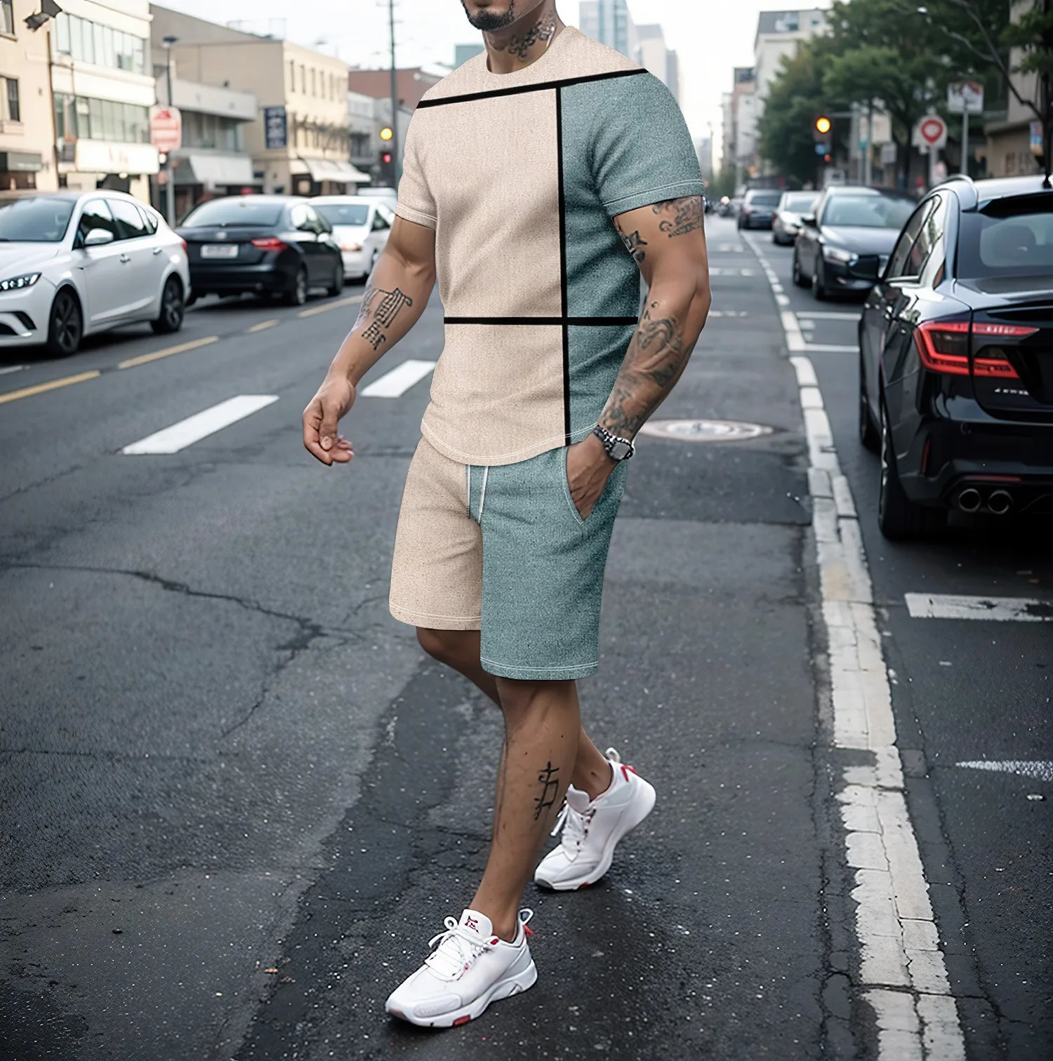 Plus size mens novel 3D line splicing T-shirt shorts summer set street cool two-piece set suitable for large and tall men S-5XL 240813