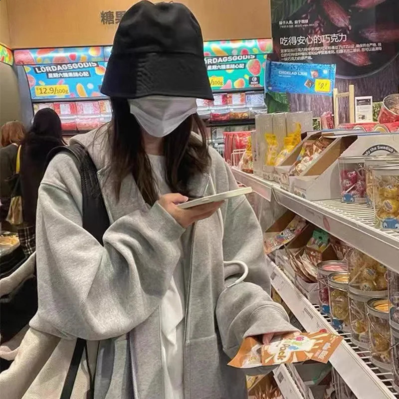 Sweatshirt Spring and Fall Hooded Cardigan with Womens Large Size Students Casual Loose Thin Zipper Simple Jacket 240812