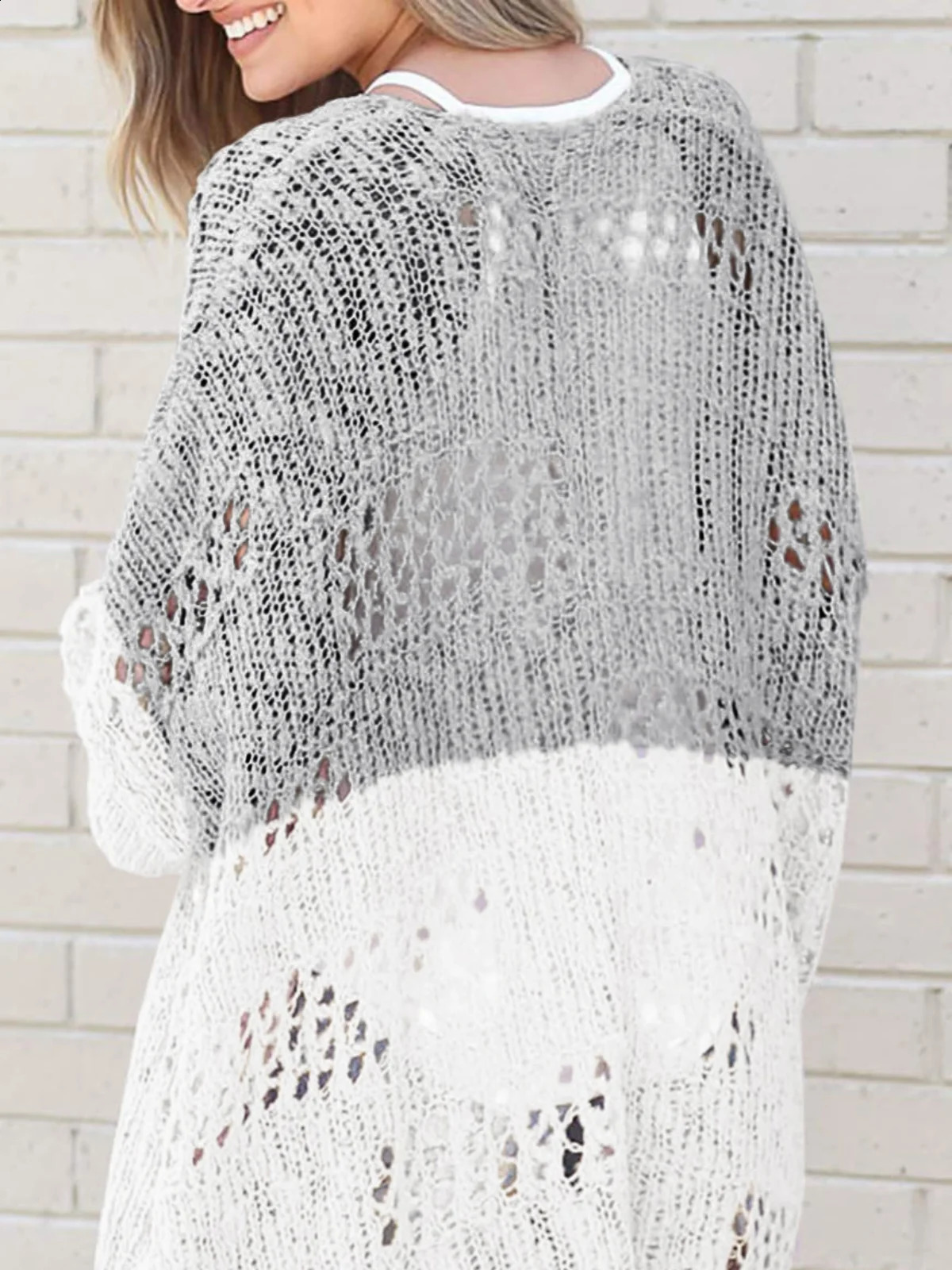 Color Block Open Front Cut Out Cardigan Boho Long Sleeve Sweaters Women Fashion Autumn Clothing Casual Loose Streetwear 240812