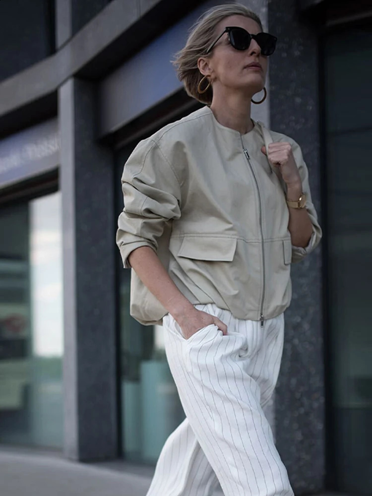 Casual Zipper Womens Jacket Loose Solid ONeck Long Sleeve Pocket Autumn Chic Fully Matched 240808